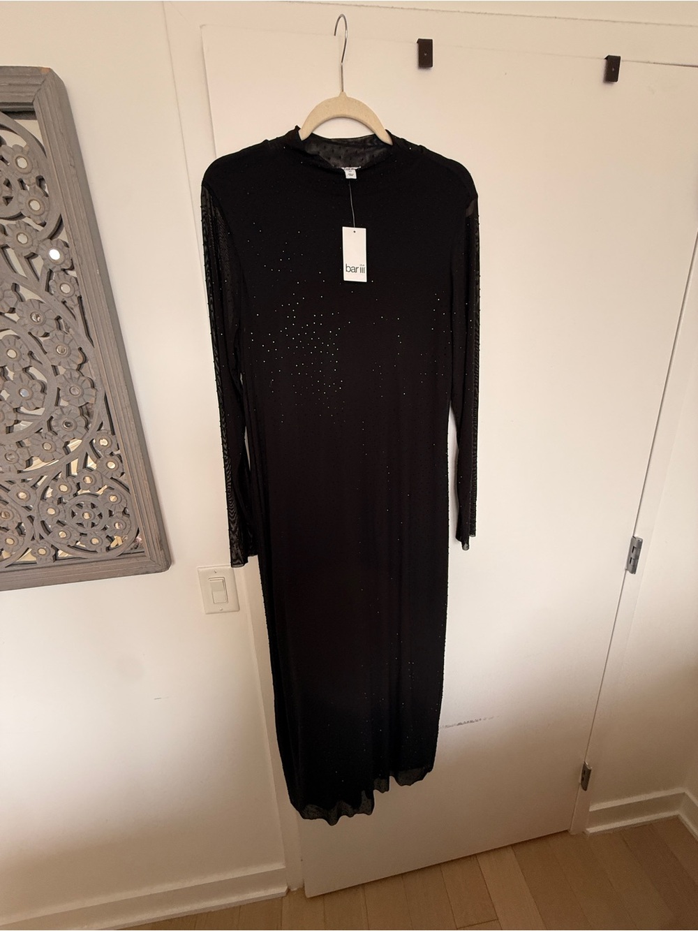 Bar III Black Long Sleeve Maxi Dress with Subtle Sparkle Bead & sheer sleeves